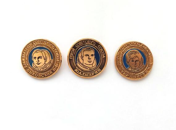 Set of 3 Soviet cosmonaut pins (Gagarin, Tereshkova, Bykovsky) + I also have an extra Tereshkova that sells separately (available here)