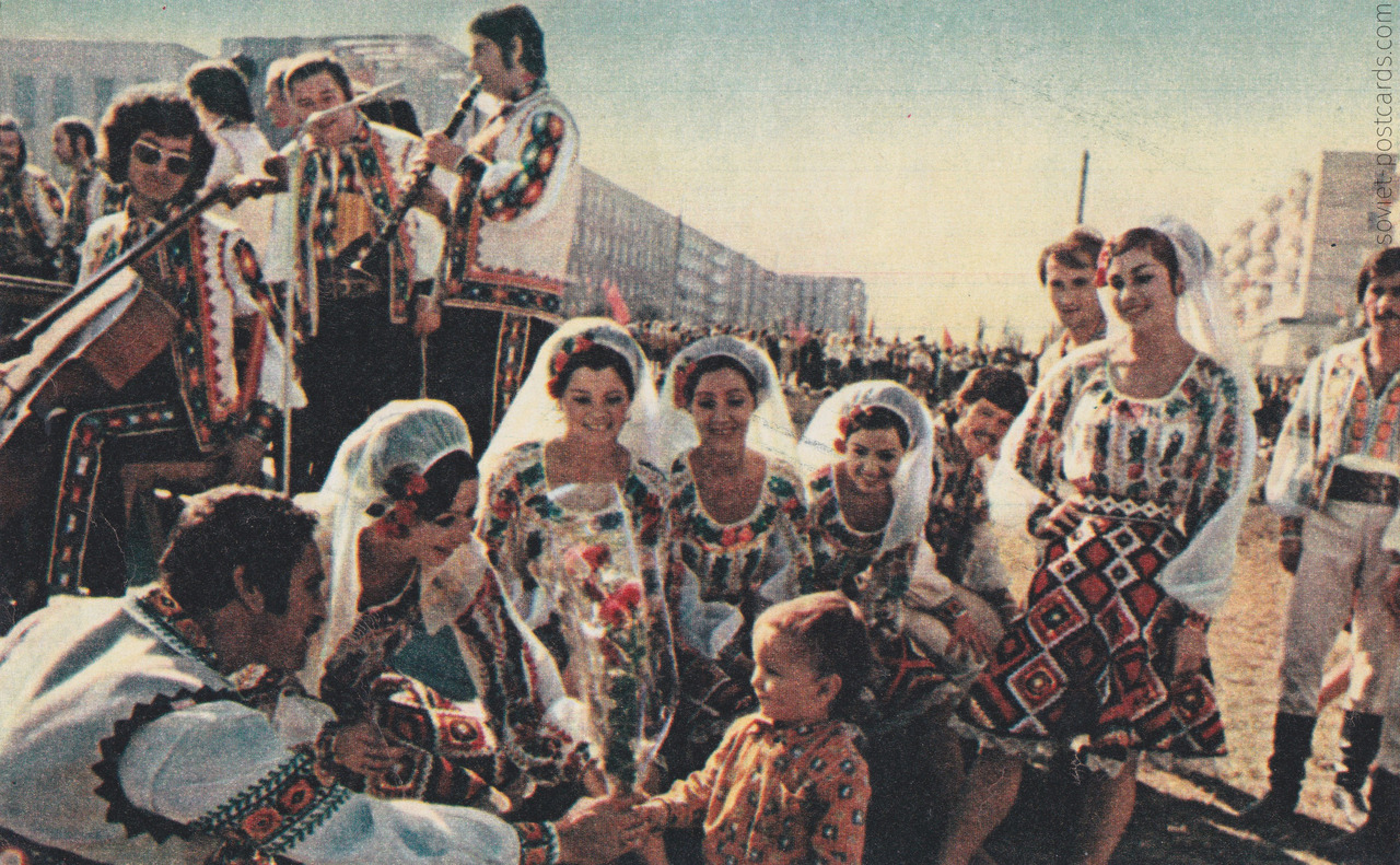 Folk dancers at May Day demonstration in Chisinau, Moldavia (1981)