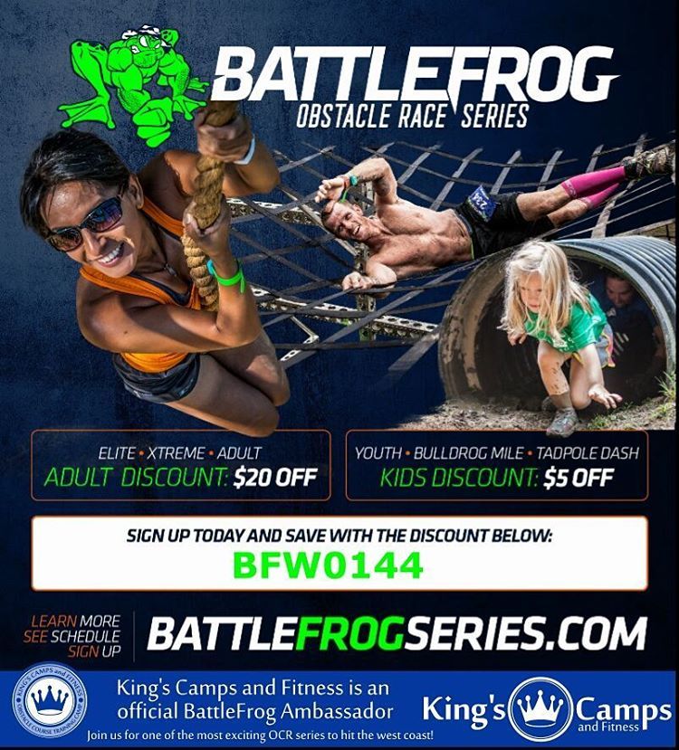 King’s Camps and Fitness has teamed with @BattleFrog to bring you discounts on the upcoming West Coast Battle Frog races. Don’t miss out on the opportunity to be part of the hottest OCR race to hit the West Coast - register for SF today....