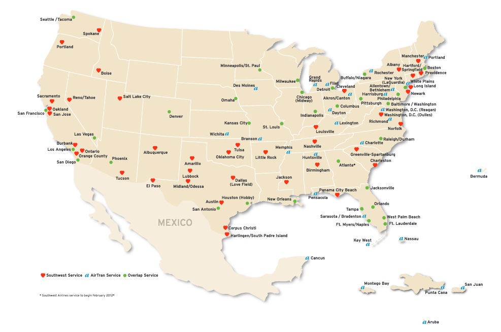 southwest airlines destinations map