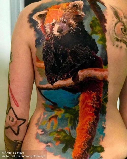 By Ángel de Mayo, done at 1st Euskadi Tattoo Convention, Irun.... angeldemayo;backpiece;patriotic;animal;huge;facebook;chinese culture;realistic;twitter;red panda