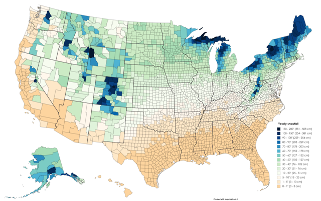 Maptitude — Average annual snowfall by US county