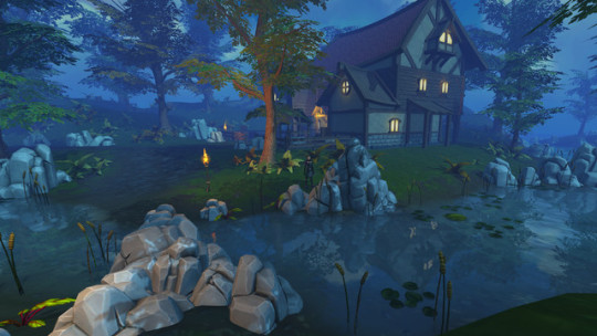 A house in the fantasy world of RuneScape, at night, beside a pond.