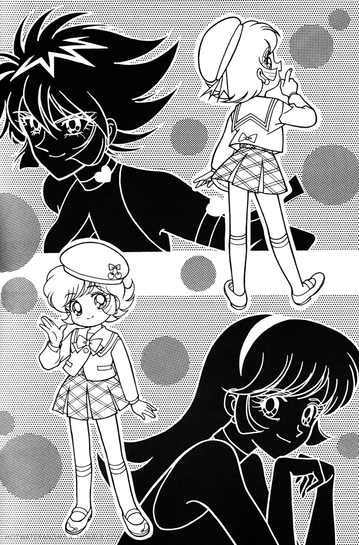 Young Honey and her key present day forms in an insert illustration from my copy of the 1997 Cutey Honey Flash colouring book from Seika Note.
