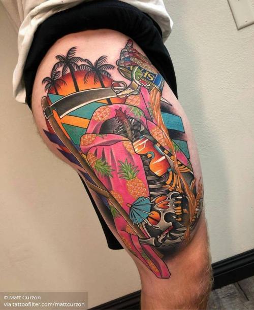 By Matt Curzon, done in Honolulu. http://ttoo.co/p/35392 big;brodiepedersen;contemporary;facebook;grim reaper;horror;mattcurzon;mythology;nature;neotraditional;pop art;thigh;tropical;twitter