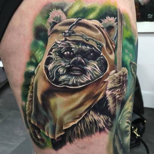 By Alex Rattray, done at Red Hot and Blue Tattoo, Edinburgh.... film and book;fictional character;big;thigh;star wars;facebook;star wars characters;realistic;twitter;alexrattray;wicket warrick