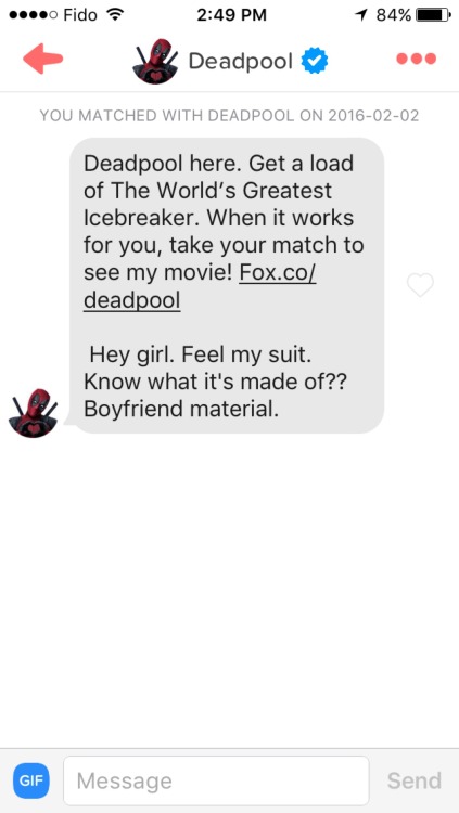 kylosanakins:deadpool has a fucking tinderhonestly whoever is...