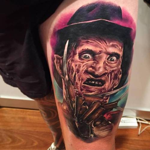 By Khail Aitken, done at 5th Rites Of Passage Tattoo Festival,... khailaitken;film and book;a nightmare on elm street;fictional character;big;thigh;facebook;realistic;twitter;freddy krueger