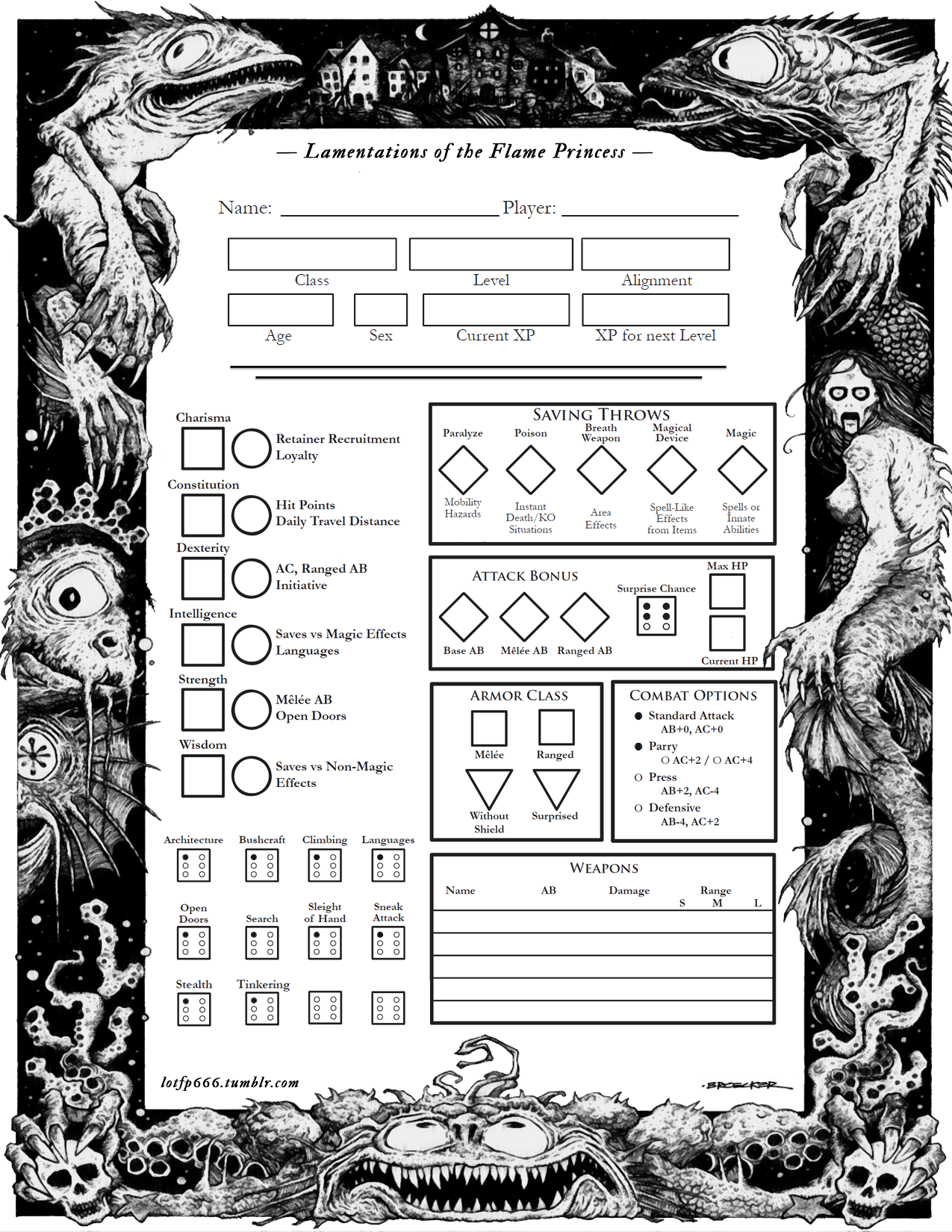 Alternate Character Sheet For Lamentations Of The — Lamentations Of The Flame Princess