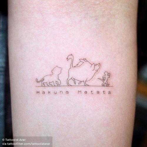 By Tattooist Arar, done in Seoul. http://ttoo.co/p/181777 tattooistarar;small;single needle;hakuna matata;tiny;the lion king;disney;pumbaa;ifttt;little;inner forearm;quotes;swahili quote;disney character;film and book;cartoon character;fictional character