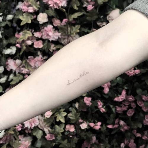 By Chang, done at West 4 Tattoo, Manhattan.... breathe;small;chang;micro;line art;languages;tiny;ifttt;little;english;inner forearm;english word;word;fine line