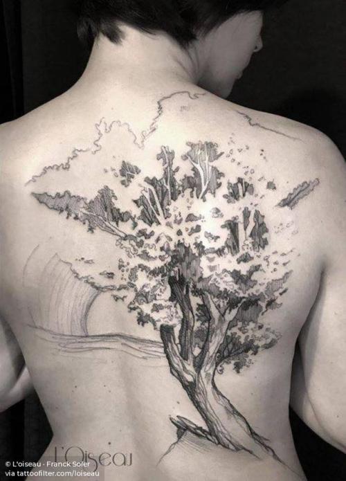 By L'oiseau · Franck Soler, done at Faubourg Tattoo Club,... sketch work;tree;sunset;backpiece;huge;facebook;nature;twitter;loiseau