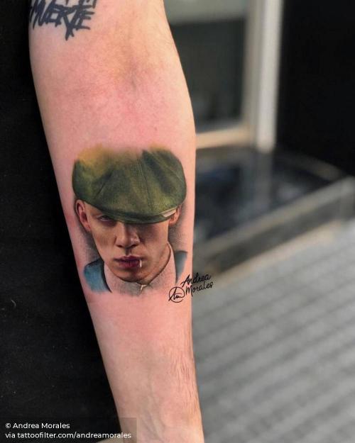 By Andrea Morales, done at Ganga Tattoo, Murcia.... andreamorales;facebook;fictional character;inner forearm;john shelby;medium size;peaky blinders;portrait;realistic;tv series;twitter