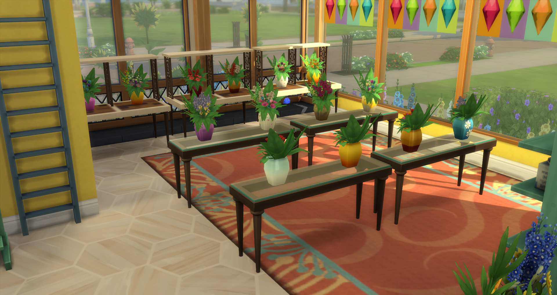 An screenshot from The Sims 4 of a flower shop. A variety of brightly colored flower arrangements in different vases are placed on display tables.