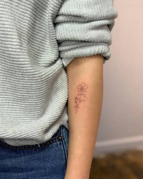 By OK, done in Manhattan. http://ttoo.co/p/144840 flower;small;hibiscus;line art;ok;tiny;rose;ifttt;little;nature;forearm;illustrative;fine line