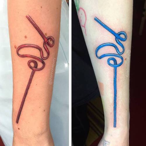 By Shannon Perry, done at Valentine’s Tattoo Co., Seattle.... best friend;matching tattoos for best friends;matching;straw;love;facebook;realistic;forearm;twitter;shannonperry;medium size;other