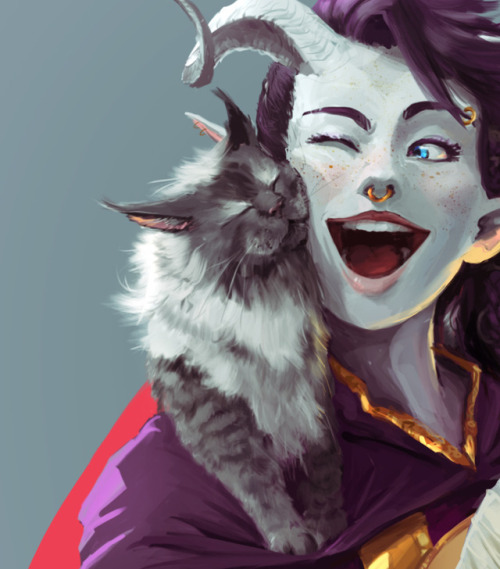 wingbuffet:Waiata, Tiefling Bard (& Grim, the cat!)