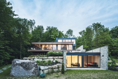 archatlas:<br /><br /><br />Estrade Residence in Quebec<br /><br /><br />Located in the verdant Laurentians in Quebec, the Estrade Residence reveals itself discretely on the shores of Lac de la Cabane in St-Adolphe d’Howard. It is by studying the steep and rocky topography of the place that MU Architecture decided to highlight the peculiarities of this site with an adapted and captivating architectural intervention. <br />Follow the Source Link for images sources and more information. <br />