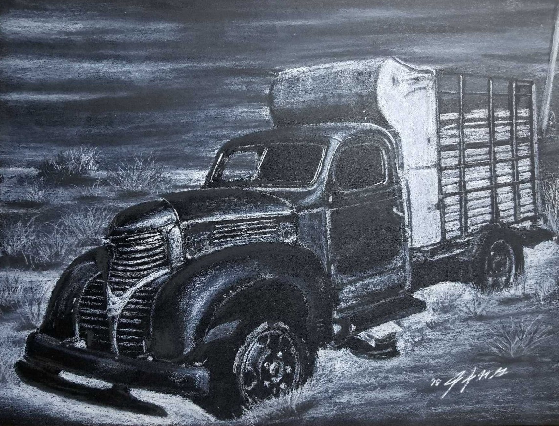 “Cerro Gordo ‘39 Dodge” White charcoal reverse art created of the Cerro Gordo Dodge that was abandoned along with the mining town. California Death Valley desert history. #charcoal #blackandwhite #reverseart #winoart #instagramartist