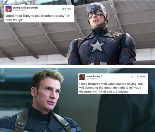 livebloggingmydescentintomadness:tweet meme: steve rogers...