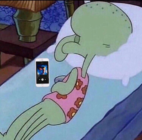 ID: squidward from spongebob squarepants laying down on the bed on his side. next to him is an iphone playing lorde's album: melodrama. 
caption: A meme from Tumblr user "peachyarc: me after feeling the slightest bit of sadness" which incidentally popped up on my feed as I was writing this post.