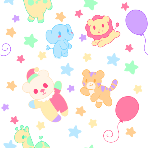 pattern surface design circus animals clown teddy bear tiger lion elephant stars balloons giraffe rainbow pastel background kidcore