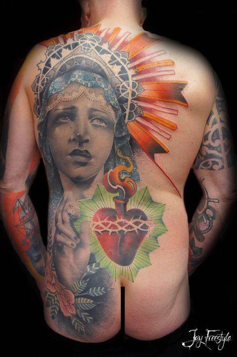 By Jay Freestyle, done at Dermadonna Custom Tattoos, Amsterdam.... backpiece;virgin mary;heart;virgin;huge;graphic;freehand;sacred heart;love;facebook;twitter;flaming heart;mythology;religious;jay freestyle