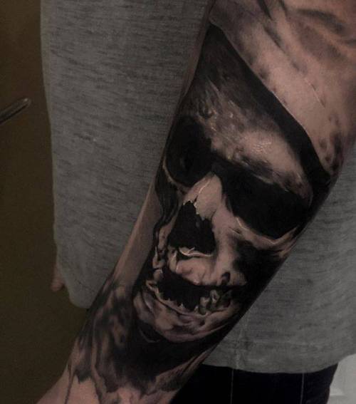By Line Mariëlle, done at Sinners Inc, Aarhus.... black and grey;skull;anatomy;human skull;big;facebook;forearm;twitter;linemarielle