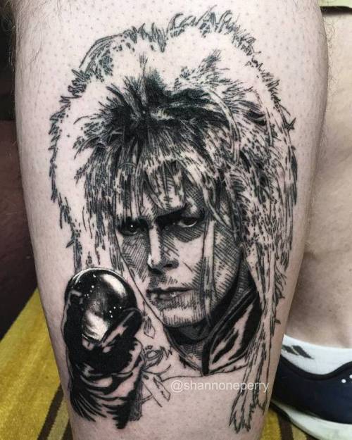 By Shannon Perry, done at Valentine’s Tattoo Co., Seattle.... music;sketch work;calf;patriotic;character;facebook;twitter;david bowie;shannonperry;medium size;england