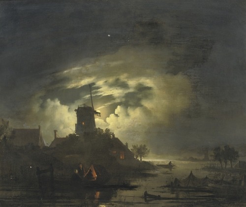 laclefdescoeurs:Fishing by the windmill at night, 1841, Hendrik...