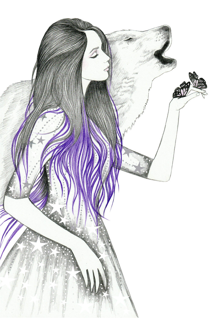 Девушка и волк рисунок