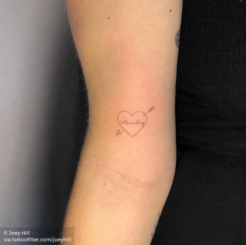 By Joey Hill, done at High Seas Tattoo Parlor, Los Angeles.... small;single needle;bicep;micro;heart;line art;heart and arrow;tiny;joeyhill;love;ifttt;little;name;fine line