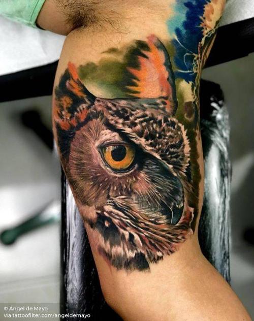 By Ángel de Mayo, done in Alcalá de Henares.... angeldemayo;animal;big;bird;facebook;inner arm;owl;portrait;realistic;twitter