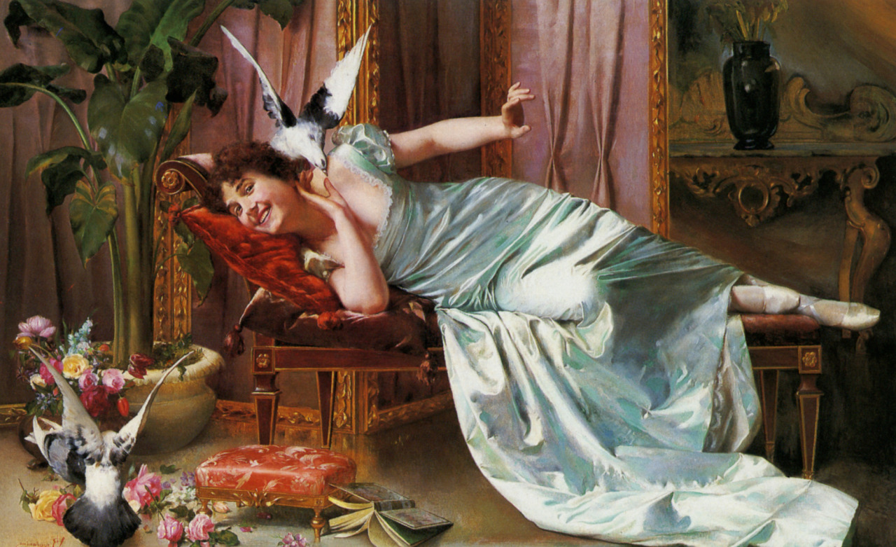 The Interruption. Vittorio Reggianini (Italian, 1858-1938). Oil on canvas.
Reggianini combined fantasy with reality, sensuality with sensibility and above all, furnished his costume pieces in luxury. The Interruption is unique due to its whimsy and...