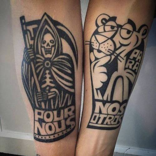 By Luciano Calderon, done at Carborundum Tattoo, Mexico City.... healed;horror;lucianocalderon;the pink panther;big;panther;animal;contemporary;facebook;blackwork;twitter;inner forearm;mythology;other;illustrative;grim reaper;cartoon character;feline;fictional character