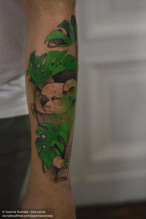 By Joanna Świrska · Dżo Lama, done at NASzA Tattoo Shop,... animal;australia;big;facebook;forearm;joannaswirska;koala;leaf;monstera deliciosa leaf;nature;patriotic;sketch work;surrealist;twitter