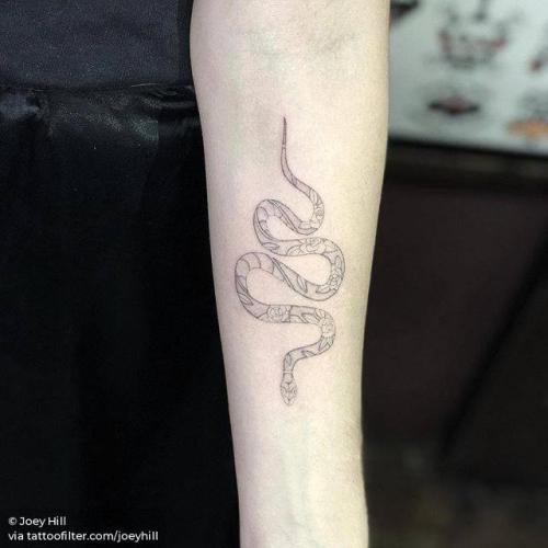 By Joey Hill, done at High Seas Tattoo Parlor, Los Angeles.... small;single needle;line art;animal;tiny;joeyhill;snake;ifttt;little;inner forearm;medium size;fine line