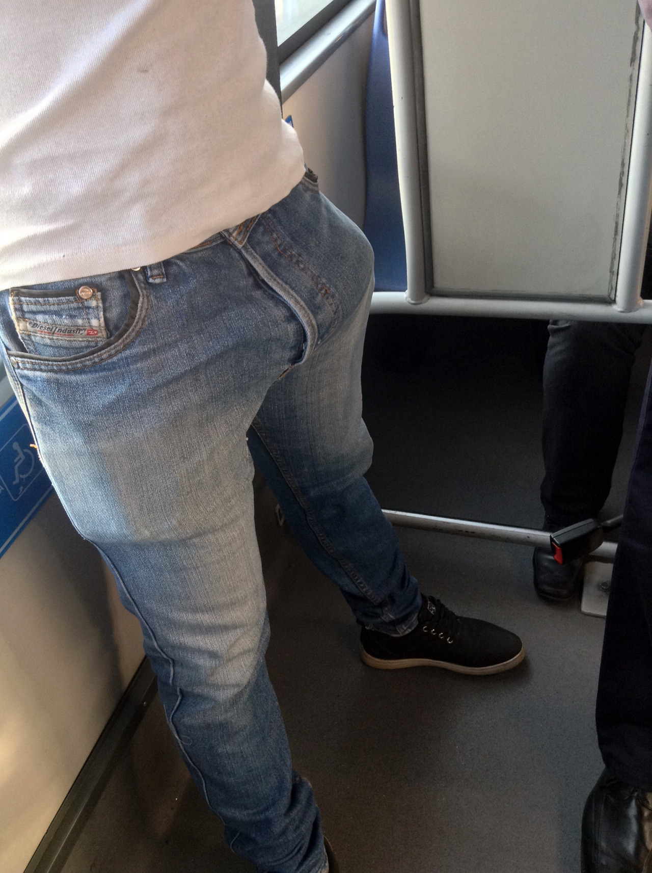 Hung bulge jeans in train