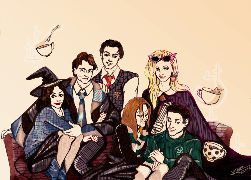 tsinktober friends hogwart friends hogwart au ravenclaw gryffindor slytherin hufflepuff monica geller chandler bing joey tribbiani rachel green ross geller phoebe buffay fanart ynngaa ynnga hp harry potter