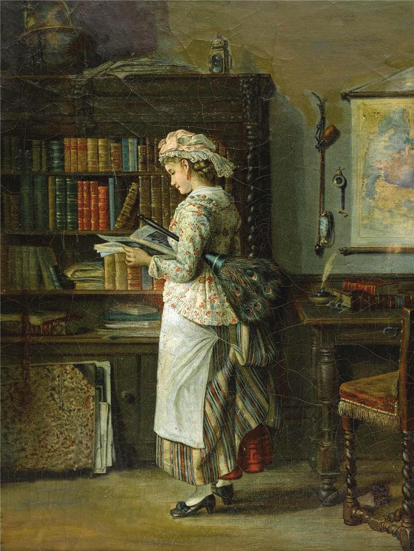 Woman Reading. John Stevens (British, c.1793-1868). Oil on canvas.
In what appears to be a library in a fine house, the maid puts the feather duster under her arm and takes up reading material. There are a number of items, including the shelves of...