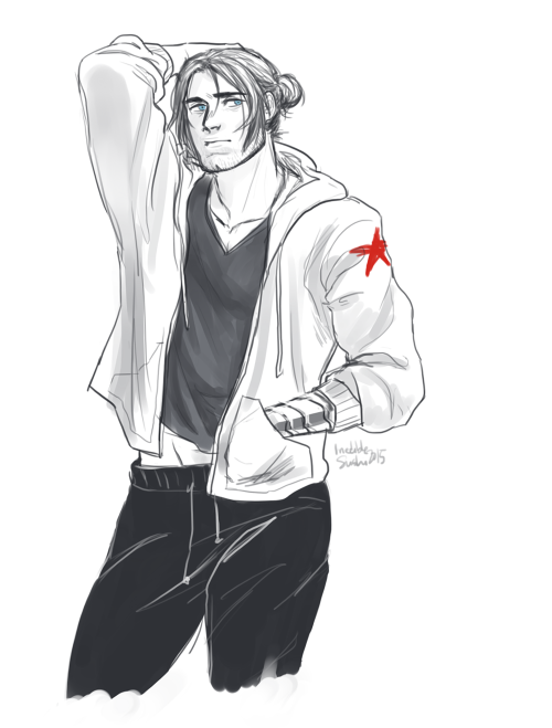 inediblesushi:for anon who wanted bucky in a hoodie and bun...