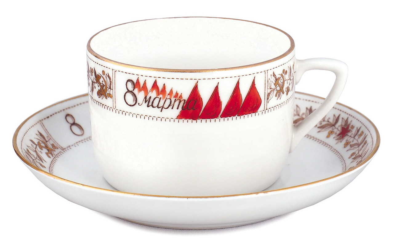 Porcelain teacup with saucer commemorating International Women’s Day (March 8). Manufactured at Dulyovo Porcelain Factory in late 1930s.