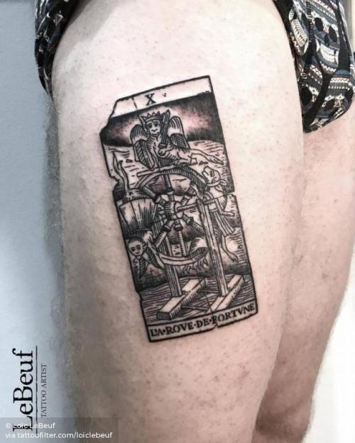 By Loïc LeBeuf, done at Grotesque Tattooing, Carouge.... surrealist;tarot;occult;loiclebeuf;big;thigh;facebook;blackwork;twitter;engraving;other
