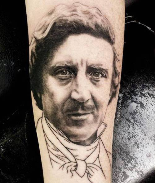 By Shannon Perry, done at Valentine’s Tattoo Co., Seattle.... black and grey;patriotic;big;united states of america;character;facebook;twitter;gene wilder;portrait;inner forearm;shannonperry