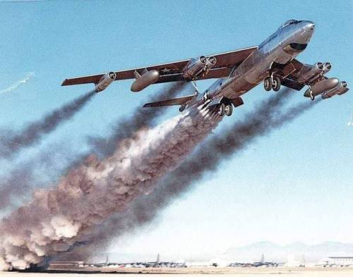 planesawesome:Rocket assisted takeoff, seen here on a B-47.