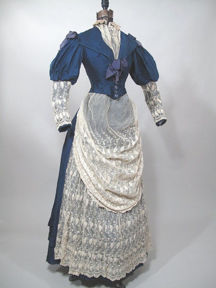 Ephemeral Elegance — Polished Cotton Dress with Lace Apron, ca. 1890s...