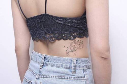 By Hyoa tattooer, done in Seoul. http://ttoo.co/p/36216 small;pocahontas;line art;waist;tiny;character;cartoon;lower back;ifttt;little;hyoa;medium size;illustrative;film and book;fine line