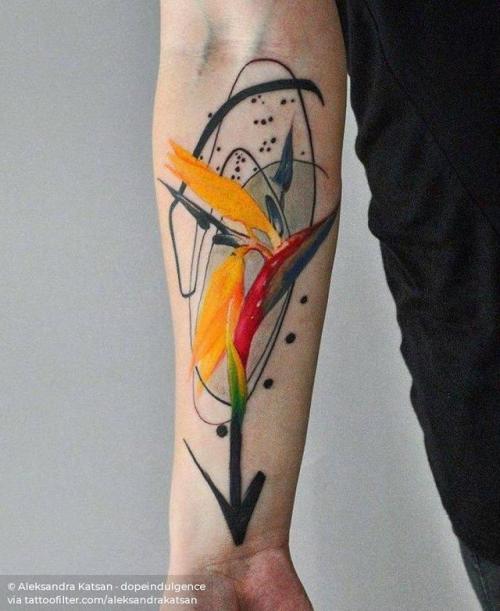 By Aleksandra Katsan · dopeindulgence, done at Tattooed... flower;big;watercolor;facebook;aleksandrakatsan;nature;twitter;inner forearm;bird of paradise flower