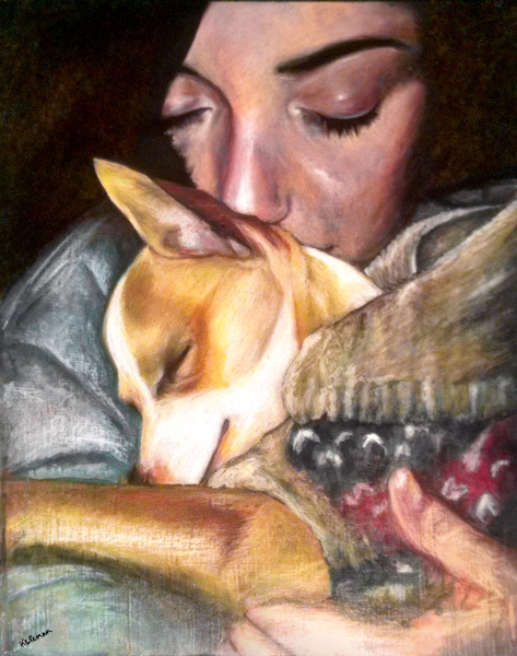 Chihuahua hug, a pet portrait original artwork by Karen Marie Coleman. 16 x 20, acrylic, ink, and watercolor on board