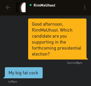 Me: Good afternoon, RimMeUhost. Which candidate are you supporting in the forthcoming presidential election? RimMeUhost: My big fat cock